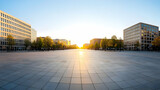 Wide Angle View of Urban City Square at Golden Hour with Buildings and Trees under a Clear Sky