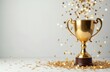 © miss irine - Golden trophy cup with falling shiny star confetti. Success celebration concept for winner in sport competition, business award ceremony, contest achievement. First place prize, champion honor.