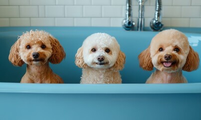 adorable fluffy poodles bath time fun happy dogs cute pets toy care soft puppy white brown cream