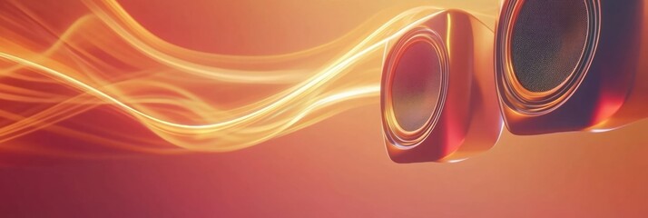 Aufkleber - Vibrant 3D speakers dynamically emitting colorful light waves in a modern setting. Generative AI