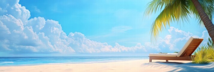 Aufkleber - Pristine beach with a lounge chair under palm trees and a clear blue sky featuring soft clouds and calm ocean waves. Generative AI