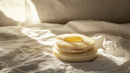 Aufkleber - Soft pancakes stacked on a light fabric background with a drizzle of syrup highlighting their fluffy texture. Generative AI