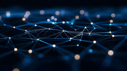 Abstract Blue Digital Network Of Connected Nodes And Lines With Glowing Dots Illustrating Technology
