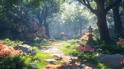 Poster - Sunlit path through a serene Japanese garden with blossoming flowers, stone lanterns, and lush foliage.