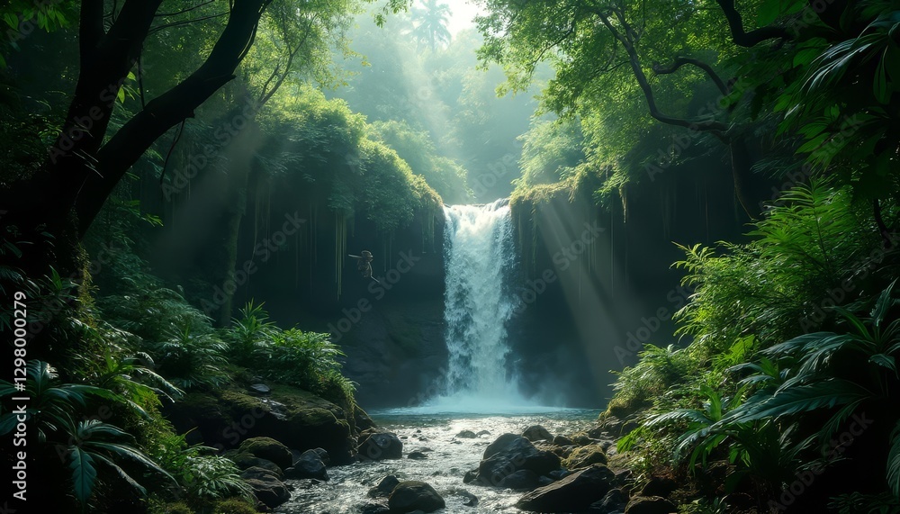Serene Waterfall in Lush Tropical Jungle Landscape Stock Photo | Adobe ...
