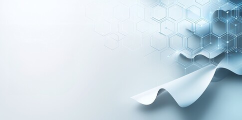 Abstract technology background with a sleek, modern design featuring a wave of smooth paper and hexagonal patterns. Ideal for business, innovation, and creative themes.