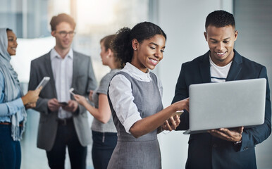 Poster - Business, teamwork and people with laptop, review and research for financial increase, smile or company. Happy, collaboration and colleagues with tech for investment, bookkeeper and stock market