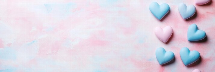 Leinwandbilder - Colorful heart shaped candies arranged on a pastel pink and blue backdrop for a sweet celebration or event. Generative AI