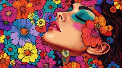 Poster - Woman's face surrounded by vibrant flowers.