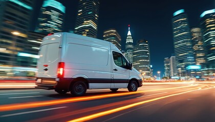 Aufkleber - White delivery van drives fast in motion, capturing urban night with light trails. Skyscrapers, city lights in background. Transport vehicle on road during journey commerce, logistics, industry.