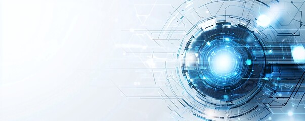 Futuristic digital interface showcasing a glowing orb surrounded by intricate lines and shapes, representing advanced technology and innovation in a modern digital world.