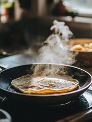 Aufkleber - Cooking a warm omelette on a stovetop with steam rising in a cozy kitchen during morning hours. Generative AI
