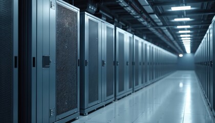 Poster - Photo data center server room filled with modern powerful metallic machinery. Ventilation cooling systems, electrical infrastructure enable efficient network computing, data processing data storage