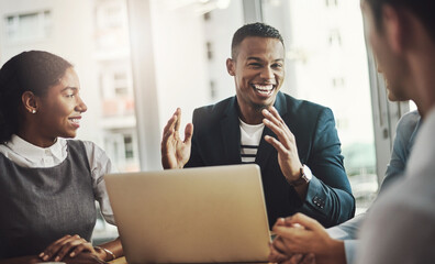 Poster - Businessman, laptop or discussion with team for meeting, proposal or business idea at office. Happy man, employee or talking to group on computer for project, company growth or expansion at workplace