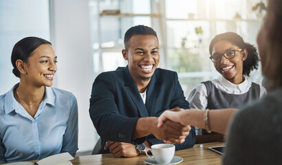 Aufkleber - Business people, handshake and meeting for approval, partnership and agreement for office collaboration. Group, employee or workers shaking hands for team feedback, promotion or welcome for support
