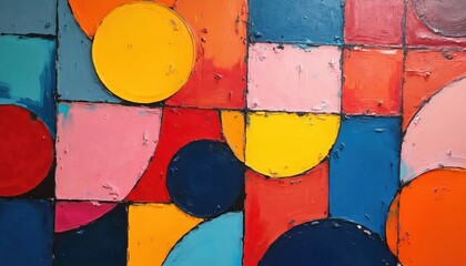 Poster - Geometric painting featuring vibrant bold colors, squares, circles. Contemporary minimalist artwork with oil paint texture on canvas. Dynamic visual expression enhances wall decor, interior design