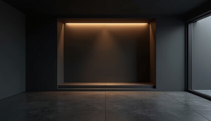 Poster - Sleek dark room at night. Black walls, ambient lighting casting shadows. Empty space. Minimalistic interior with architectural design, creating perfect copy space. Ideal for product message, creating