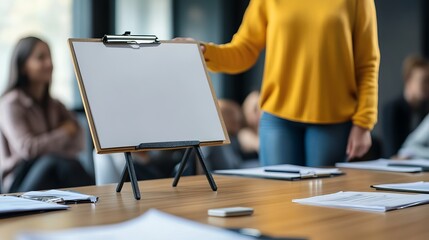 Wall Mural - Professional Workshop Setting with Blank Flipchart and Engaged Audience in Modern Conference Room