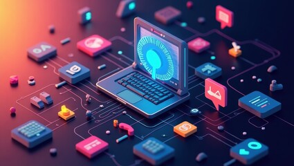 Obviously Ai. Futuristic laptop with glowing AI brain icon on screen, digital network data connection, technology concept for innovation, artificial intelligence, cyber security, high-tech blue and o