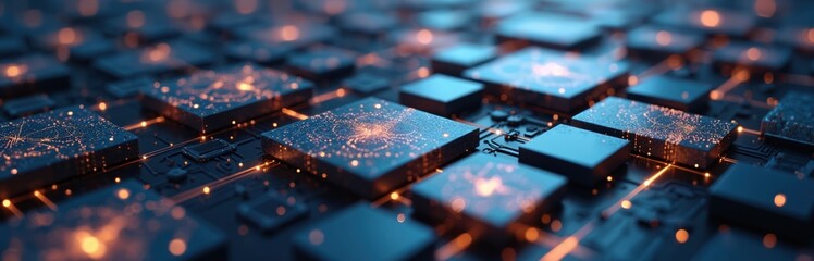 Aufkleber - Abstract glowing computer processors connections blockchain tech. Digital networks circuit patterns illustrate cyber data transfer flow. Quantum distribute ledger storage matrix algorithm, cyberspace