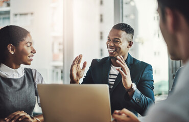 Aufkleber - Laptop, meeting and man with business people and laugh in office for growth analyst, opportunity or idea. Teamwork, report and consultant with employees in corporate firm for planning and conference