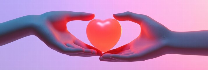 Aufkleber - Two hands gently holding a glowing heart against a gradient background in soft pastel colors. Generative AI