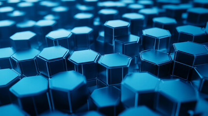 Wall Mural - Close-up 3D rendering of interconnected hexagonal structures symbolizing modern digital networks, technology, and connectivity