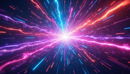 Leinwandbilder - Bright neon light explosion with vibrant purple, pink, blue rays. Energy burst, flash of speed, motion. Futuristic technology sparkles, shines with dynamic, powerful, cosmic starburst.