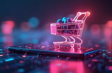 Poster - Futuristic online shopping. Digital payment from mobile phone. Small shopping cart full of goods on cellphone. E-commerce business, cyberspace, convenience using new wireless tech, social media