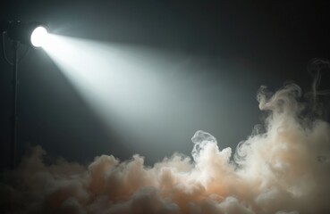 Aufkleber - Spotlight shines in dark smoky room. Ray of light beam cuts through dense fog. Stage illuminated by projector lamp. Ideal for theatre, show, film, concert, performance, dance, music event. Mystery.