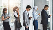 © peopleimages.com - Interview, recruitment and row with job opportunity for business people in corporate workplace. Diversity, inclusion and technology with candidates waiting in line for human resources meeting