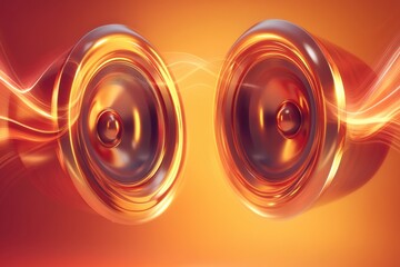 Poster - Innovative 3D speakers glowing with vibrant light waves enhance sound experience in a modern audio setup. Generative AI