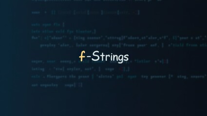 Yellow letter f and white word Strings on dark blue digital programming code screen, coding concept for software development, technology background with blurred code lines, modern design illustration