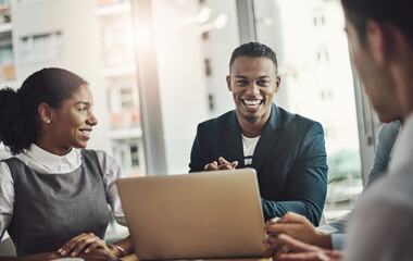 Poster - Laptop, meeting and man with business people and workshop for growth analyst, opportunity or idea. Teamwork, report and consultant with employees in corporate firm for planning and conference