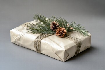 Poster - Gift wrapped in simple brown paper with green pine branches and cones placed on grey background. Generative AI
