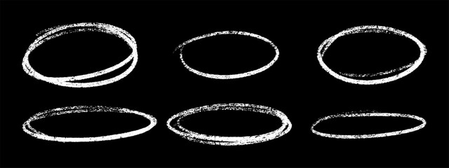 Wall Mural - crayon highlight chalk oval set with white textured strokes on black background. hand drawn circular