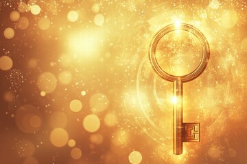 Poster - Golden key shining brightly against a blurred background filled with sparkles and glowing lights. Generative AI