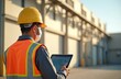 © miss irine - Safety manager inspects factory using tablet. Asian engineer in hard hat, mask checks plant safety system. Supervisor oversees industry production, controls manufacturing, logistic, trade on