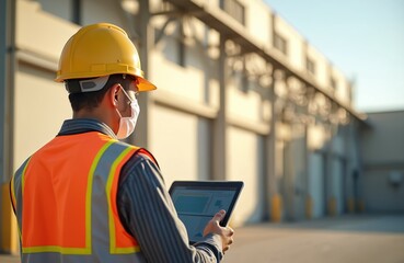 Fototapete - Safety manager inspects factory using tablet. Asian engineer in hard hat, mask checks plant safety system. Supervisor oversees industry production, controls manufacturing, logistic, trade on