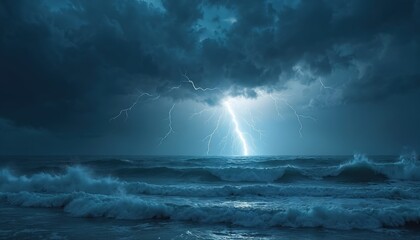 Wall Mural - night sea storm seascape with bright lightning strikes over ocean tide. thunderbolts flashes light o
