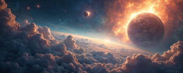 Aufkleber - Surreal space fantasy landscape. Rising sun illuminates planet. Dramatic sky. Blue clouds glow. Another planet, stars visible. Cosmic wallpaper background for sci-fi, astronomy concepts, dreamlike