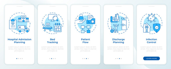 Wall Mural - hospital bed management blue onboarding mobile app screen. walkthrough 5 steps editable graphic inst