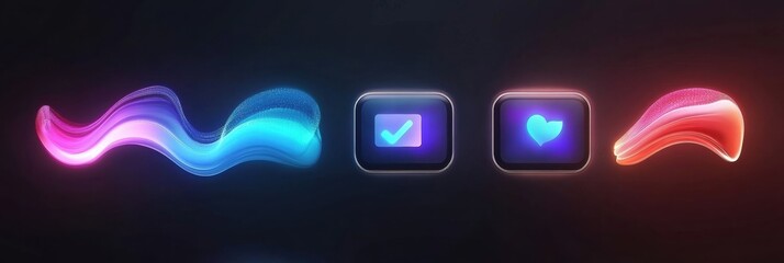 Fototapete - Colorful digital shapes with checkmark and heart symbols reflecting modern design trends in graphic art. Generative AI