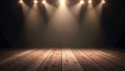Aufkleber - Dark scene featuring wooden stage illuminated by spotlights. Spotlight beams cut through haze. Empty interior perfect for product placement presentation background. Mockup blank template. Ready for