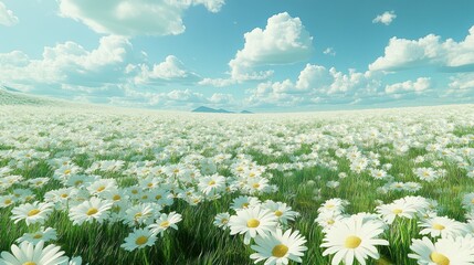 Poster - Sunny day, vast field of daisies, blue sky, fluffy clouds.