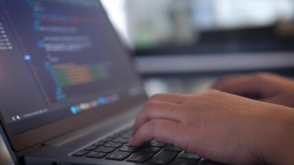 Hands of people using laptop computer to do coding work, programming, work from home, freelance
