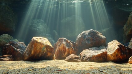 Poster - Underwater scene with sunbeams illuminating rocks on sandy bottom.