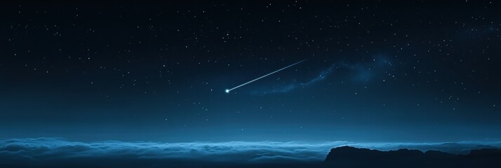 Poster - Shooting star gliding across a starry night sky over distant mountains and clouds. Generative AI