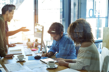 Poster - Documents, productivity and tablet with business people in office for collaboration or decision. Advertising agency, design and teamwork with creative employee group at work for project management