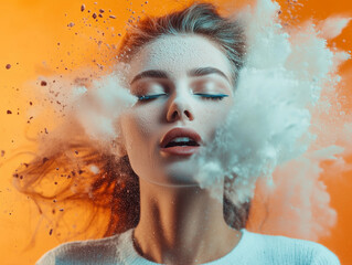 Aufkleber - woman with closed eyes is surrounded by cloud of powder against orange background
